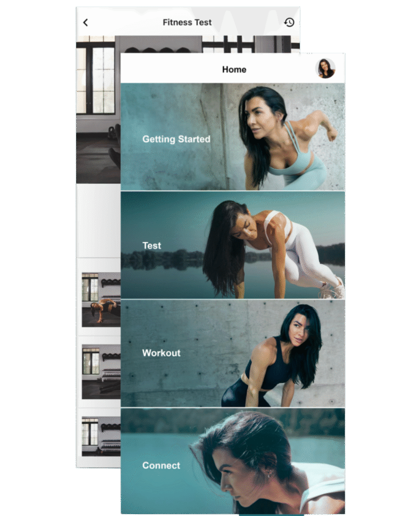 Mobile fitness app interface showing stacked screens with sections labeled Getting Started, Test, Workout, and Connect