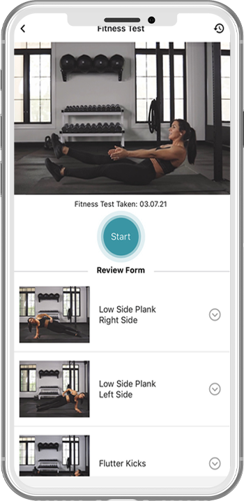 Fitness test review screen showing completed test details and exercise breakdown