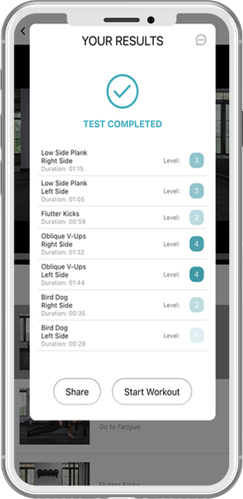Fitness test results screen displaying completed exercises and performance levels