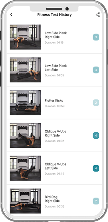 Exercise list screen in a fitness app showing multiple core exercises and durations