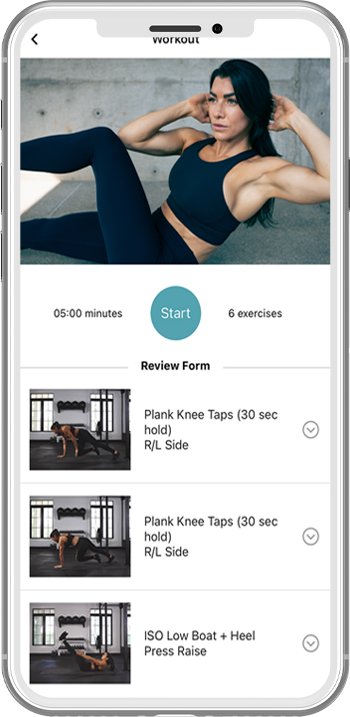 Workout overview screen in a fitness app showing duration, number of exercises, and start button