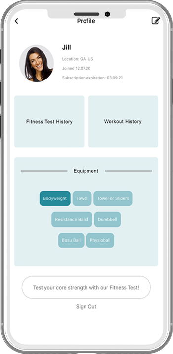 Fitness app setup screen showing equipment selection options